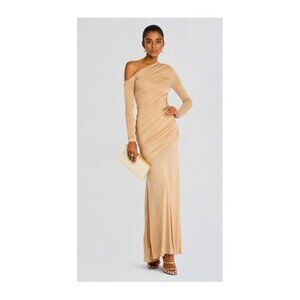 Seroya Persephone Ruched Asymmetrical Maxi Dress Beige Size XS